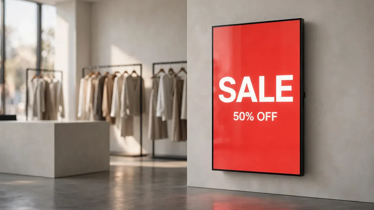 Clothing store interior with a screen advertising a 50% off sale.