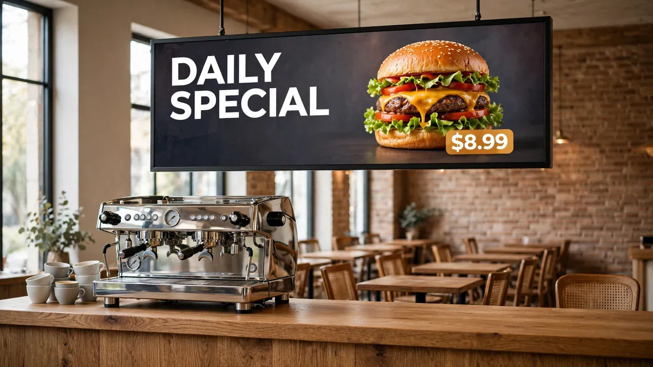 Restaurant with a daily specials screen beside the counter.