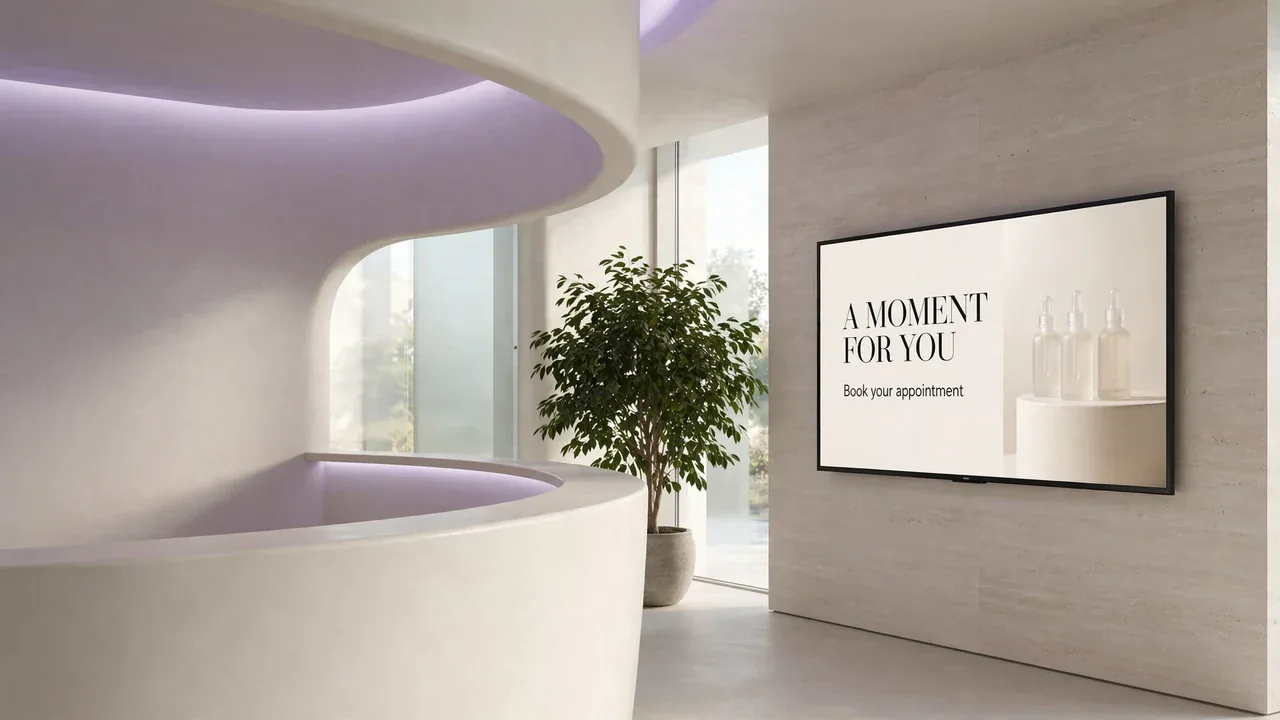 Beauty studio with a screen inviting visitors to book an appointment.