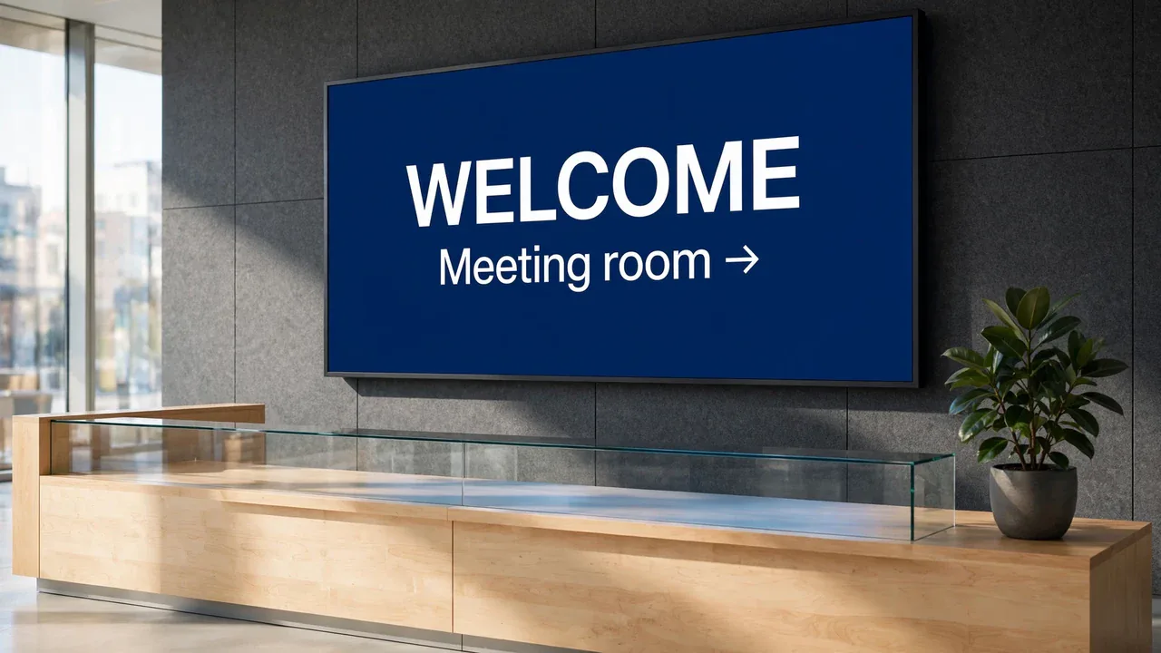 Office reception with a welcome and directions screen.