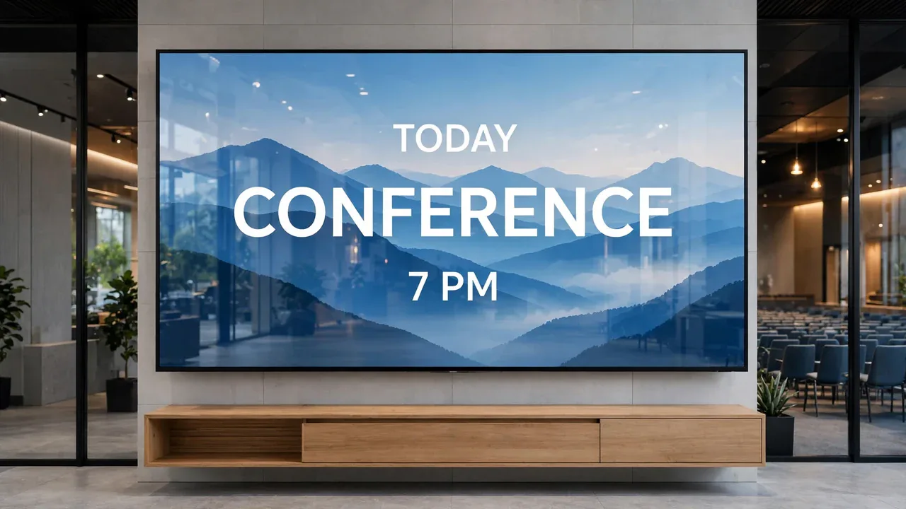Event venue with a screen announcing a conference.