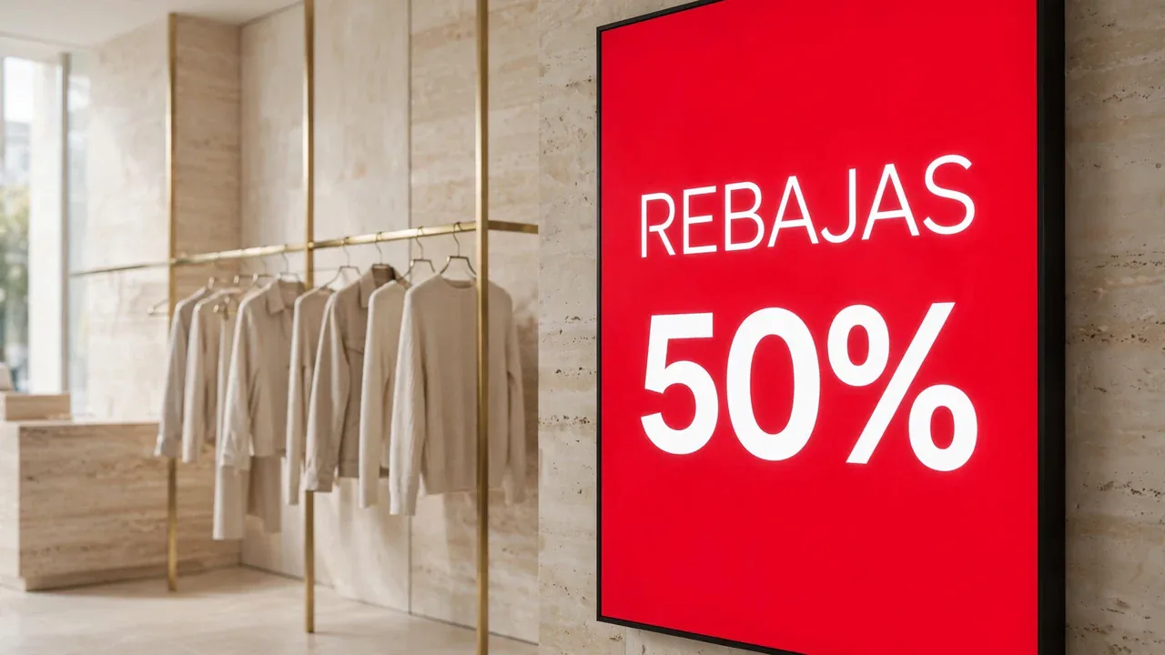 Interior de una tienda de ropa con una pantalla que anuncia rebajas del 50%.