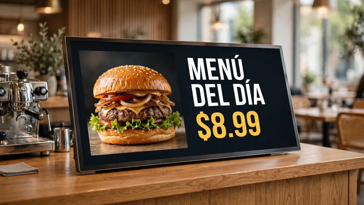 Restaurante con una pantalla de menú del día junto al mostrador.