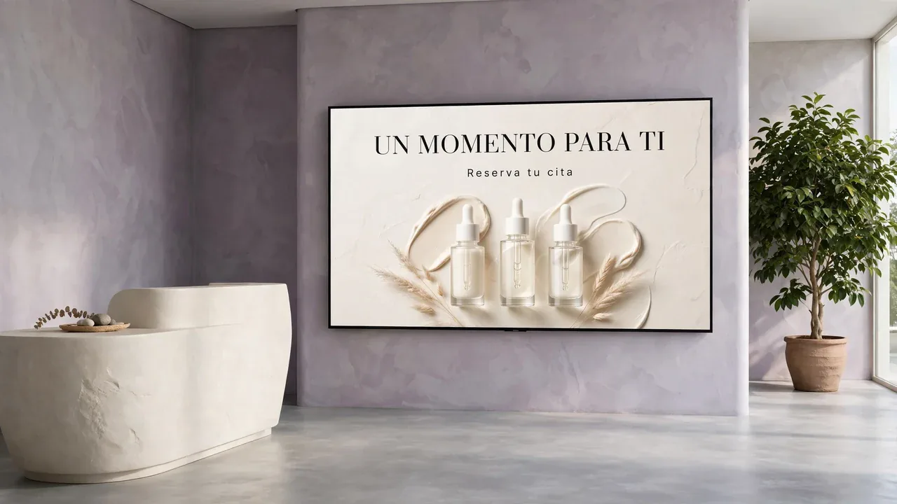 Centro de belleza con una pantalla que invita a reservar una cita.