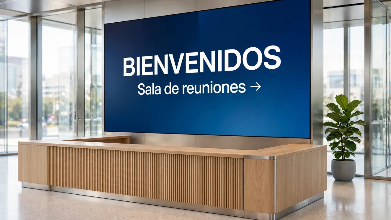 Recepción de oficina con una pantalla de bienvenida e indicaciones.