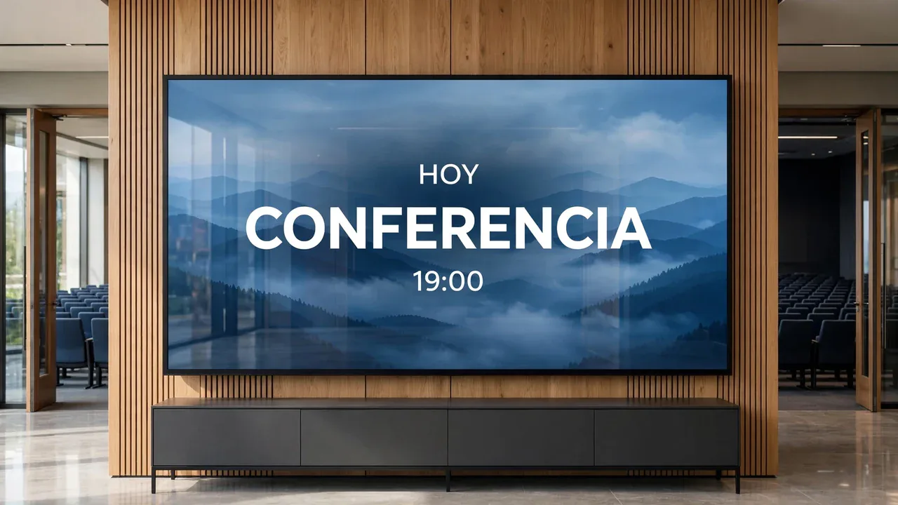 Espacio de eventos con una pantalla que anuncia una conferencia.