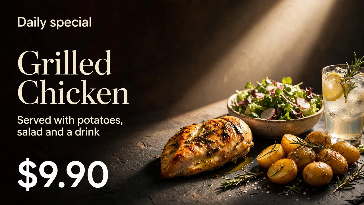 Daily special with chicken, potatoes and salad